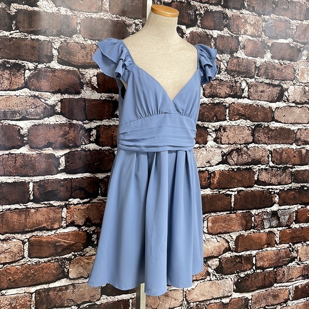 Mint Choco Blue Ruffle Sleeve V-Neck Mini Dress NWT Open Back Size Large L - Picture 8 of 17